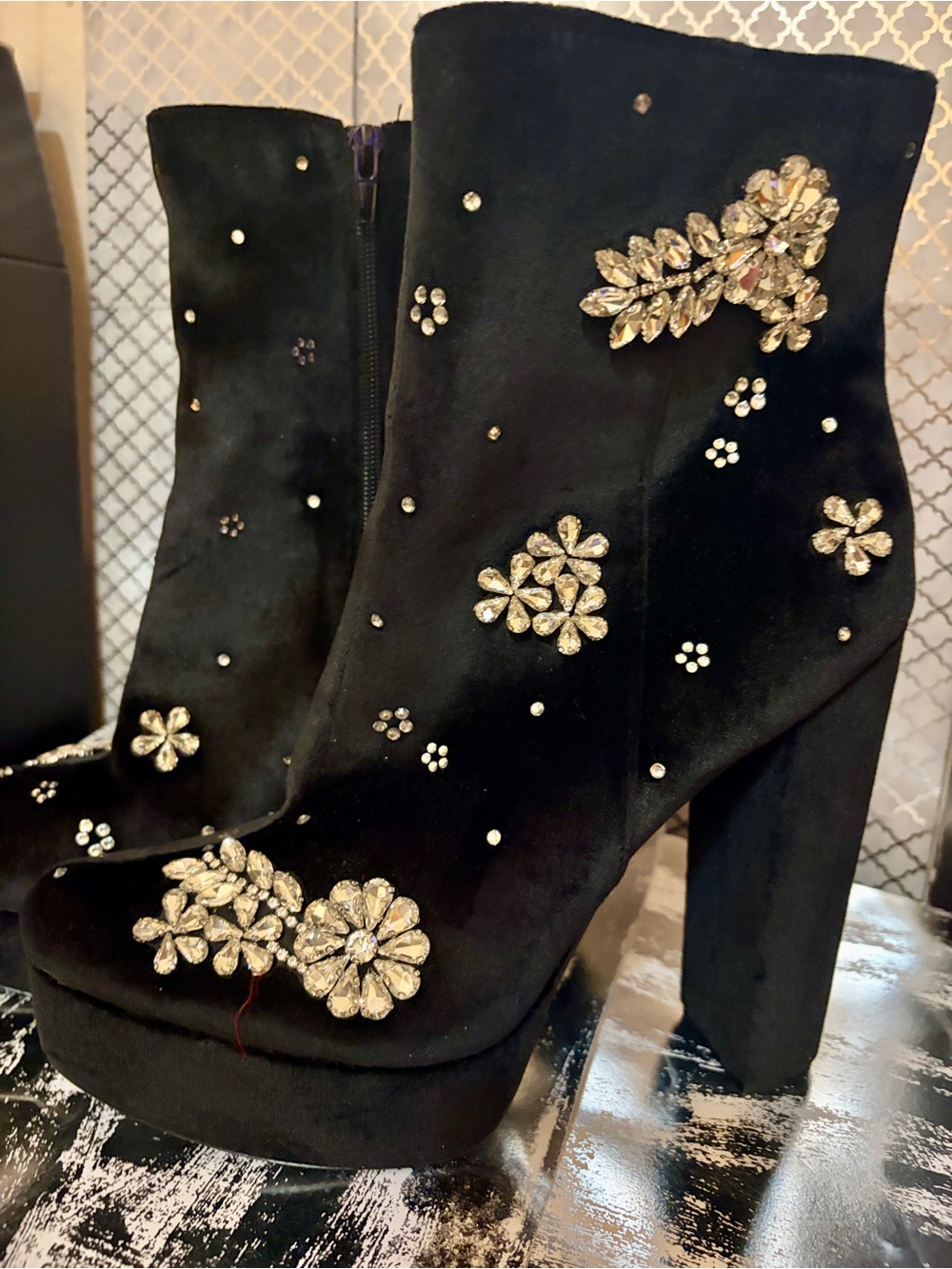 EXPRESS Black Velvet Platform Boots with Rhinestones Diamonds Sparky Glittet